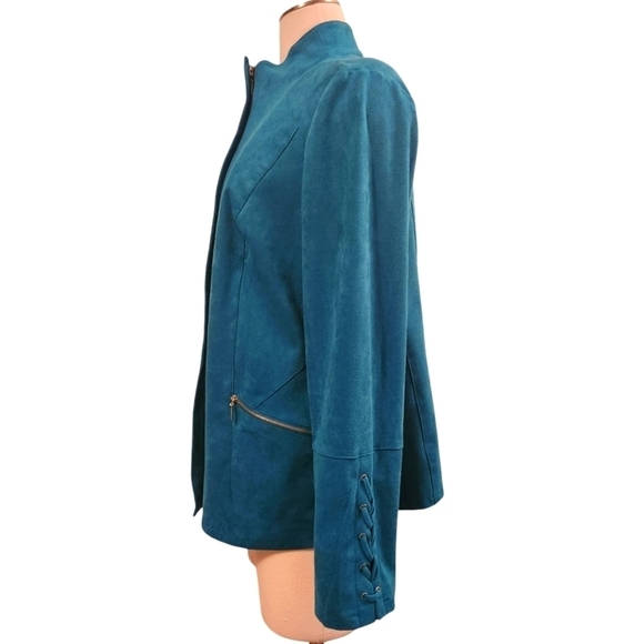 EUC CHICO'S BLUE TEAL BLAZER FAUX SUEDE FULL ZIP WOMEN'S MOTO JACKET SIZE 12/14 - Picture 5 of 10